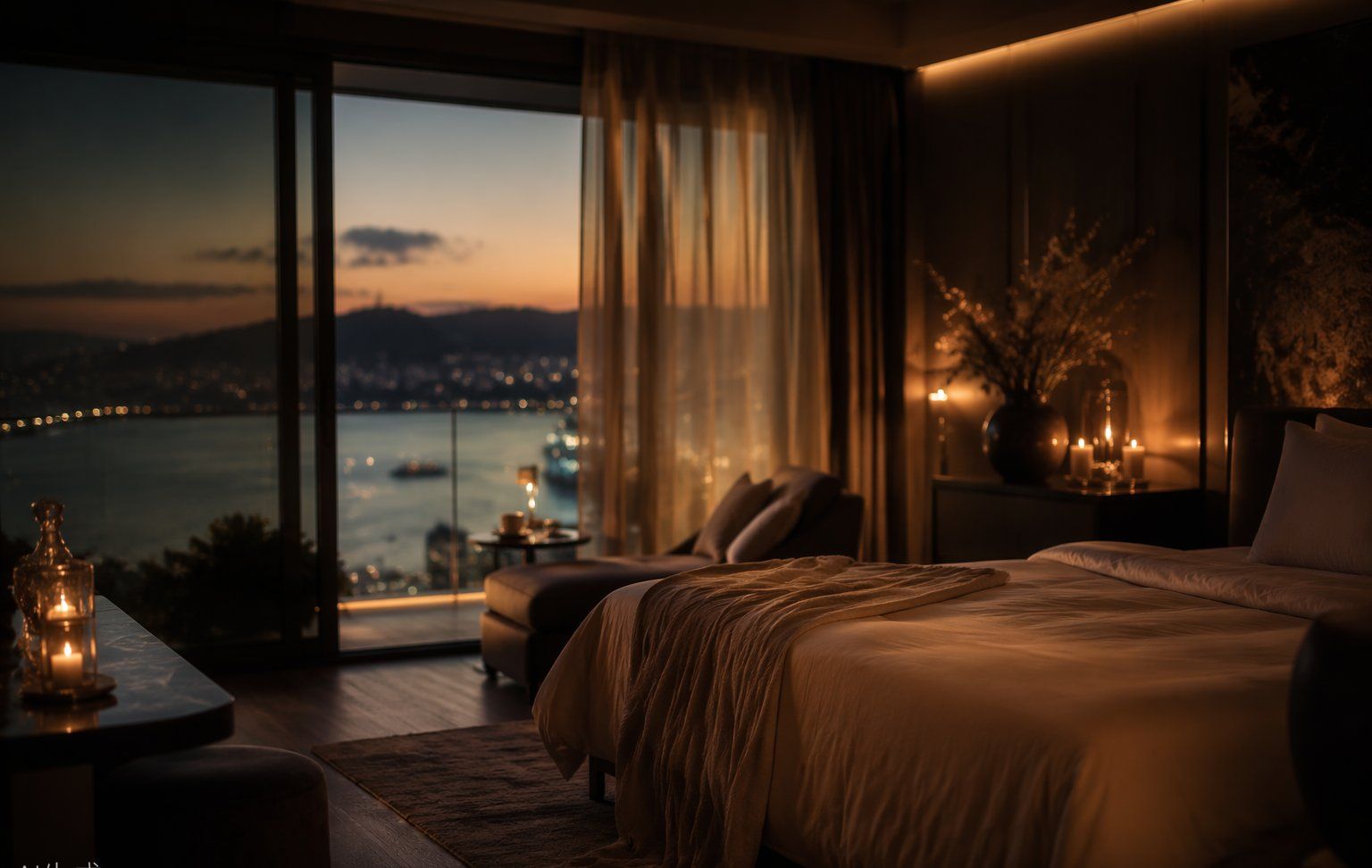 Luxury recovery retreat suite at dusk overlooking the Bosphorus — Liliav cosmetic surgery concierge aftercare in Istanbul